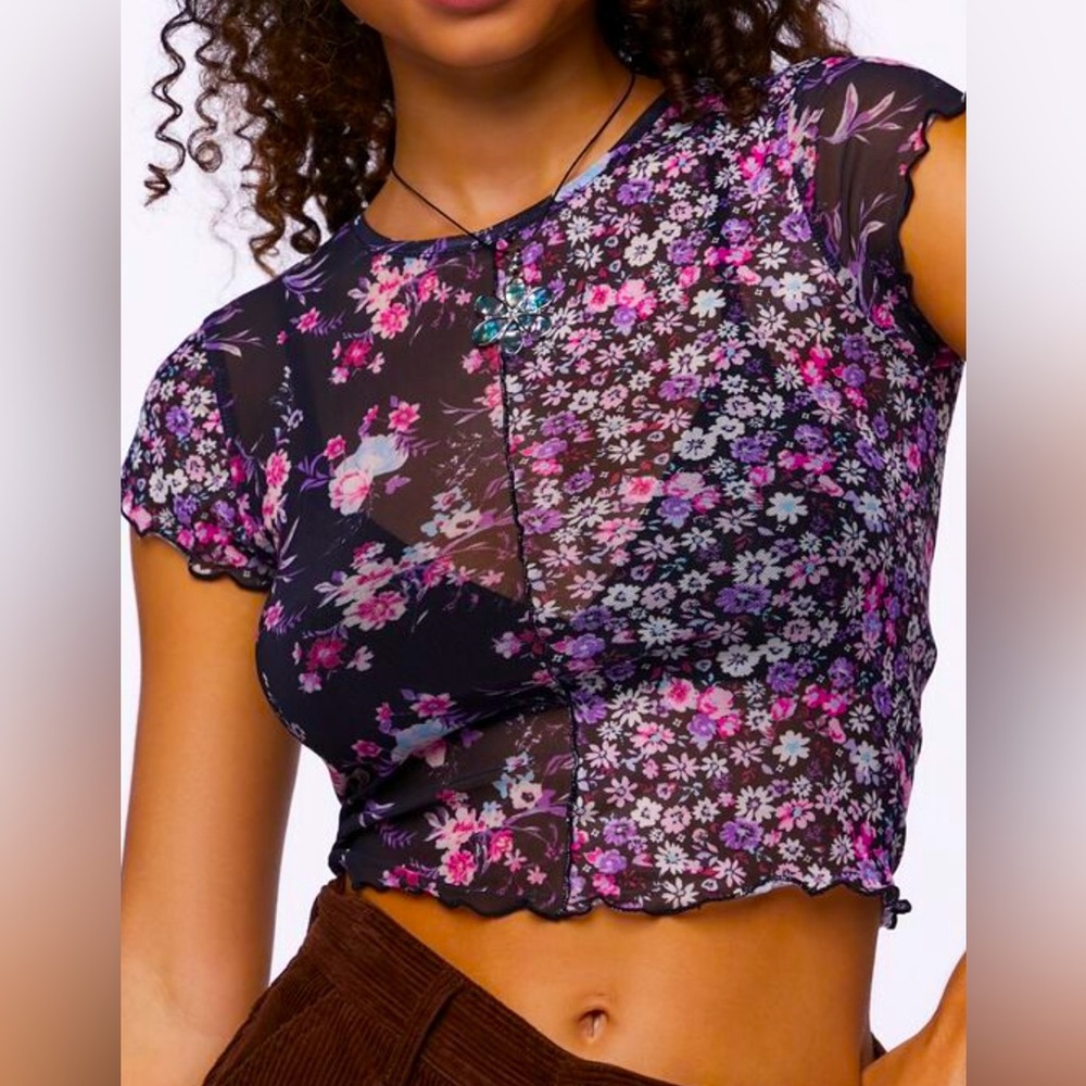 Medium Almost Famous NWOT Reworked Floral Baby Tee Mesh Purple Pink Cropped Top